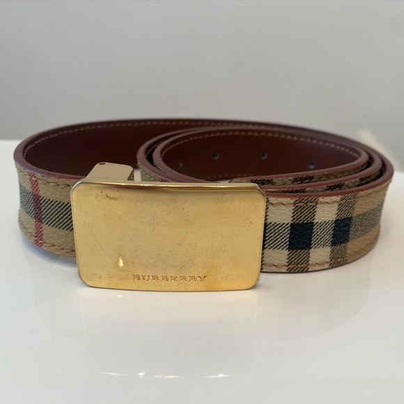 BURBERRY PLAID LEATHER BELT W GOLD BUCKLE DETAIL - Picture 2 of 4